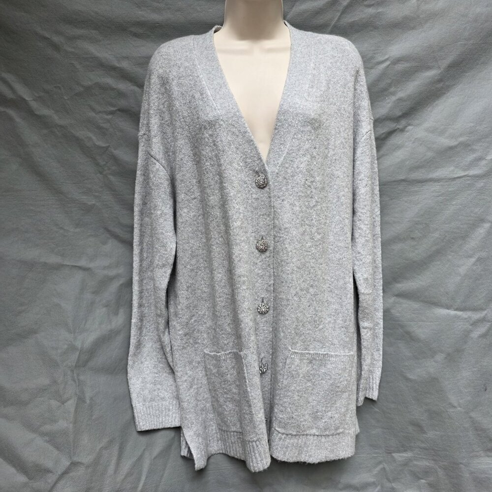 Talbots Gray Jewel Button Front Cozy Knit Cardigan Women's Size Large V-Neck